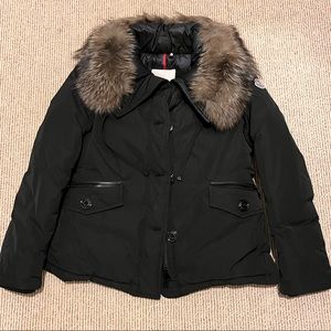 Black Moncler Malus goose down jacket with fox fur collar. Size 0